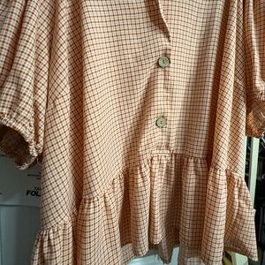 LC Lauren Conrad Peach Plaid Button-Front Peplum Tunic